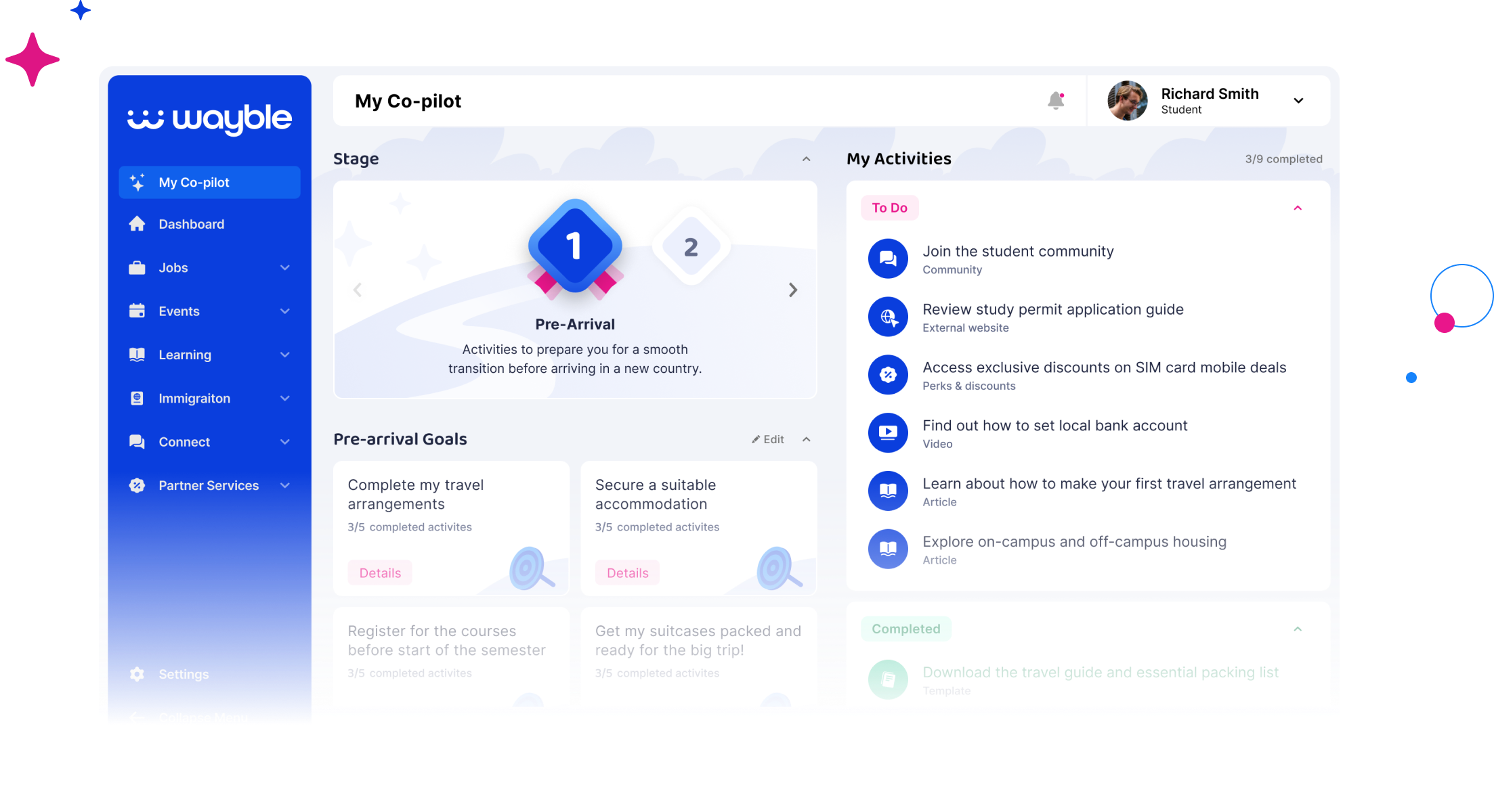 Wayble Co-pilot main screen with stage, goals and activities sections.