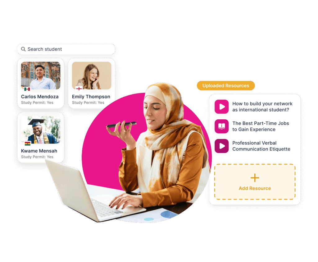Visual showing how institution staff can search students on the Wayble platform and add resources for them guiding them on academic journey.